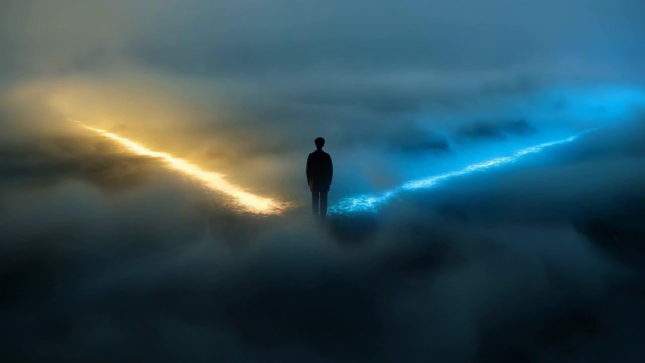 Silhouette Standing On Foggy Crossroads Lit By Blue And Gold Neon, Lone Traveler Contemplates Choice