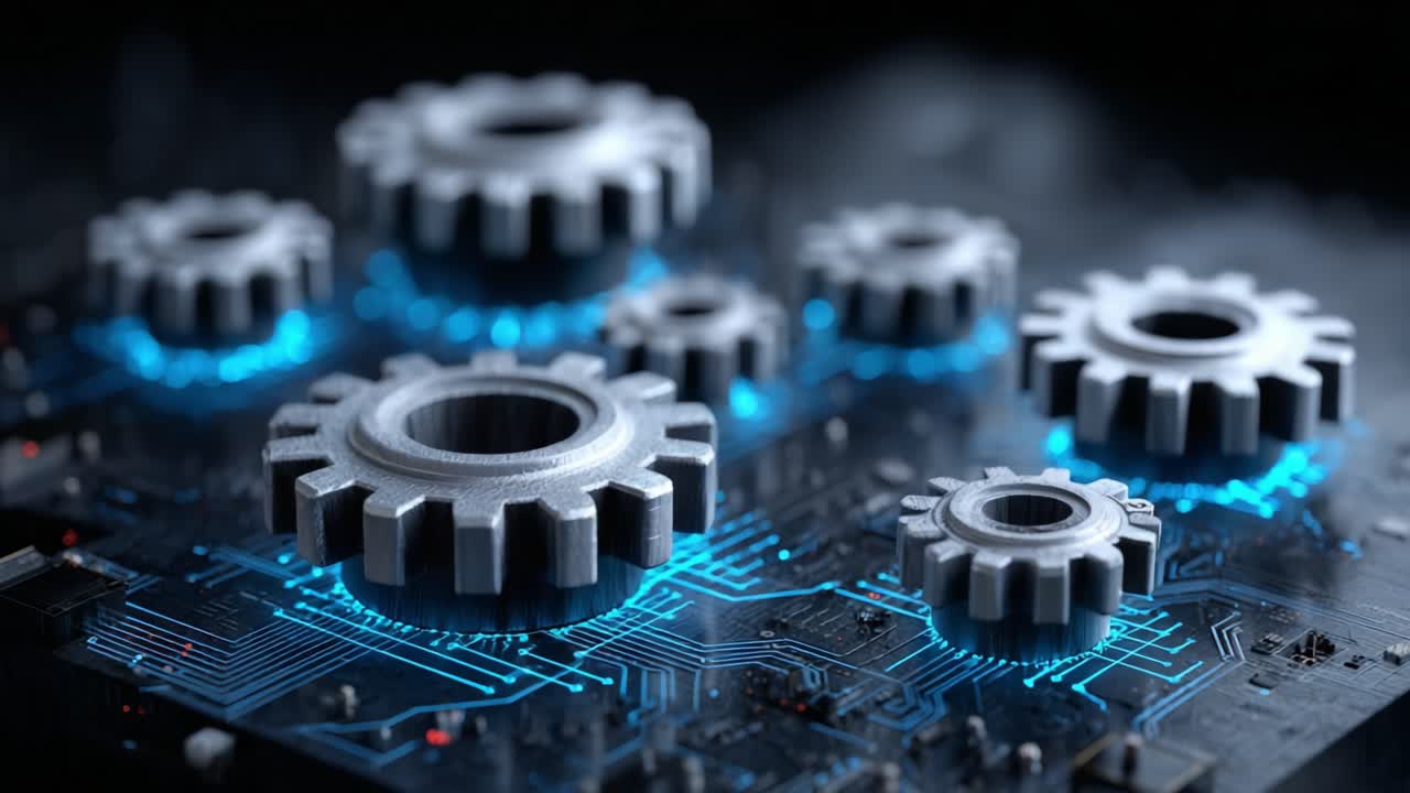 A Close-Up View of Interconnected Gears with a Futuristic Circuit Board Background, Highlighting the Intersection of Mechanical and Digital Technology