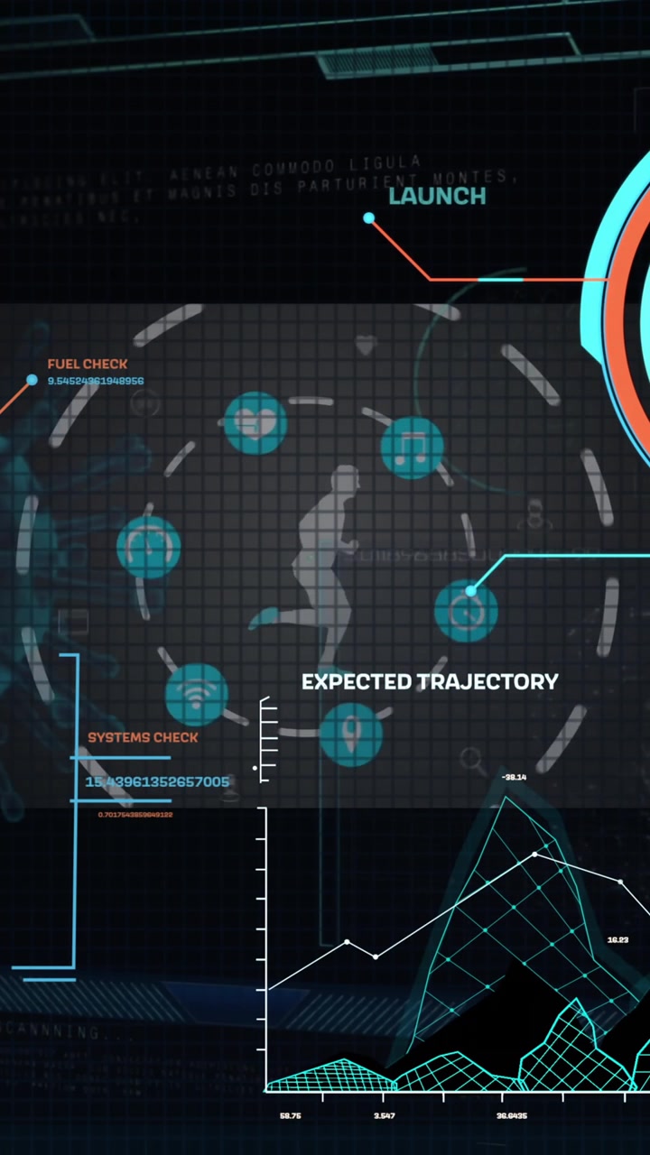 Animation of data processing over scope and human running on black background