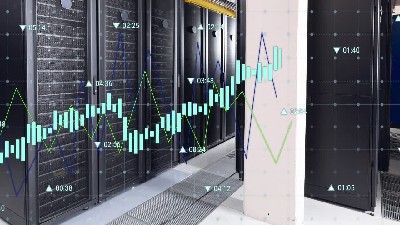 Animazione di grafici e numeri che cambiano su sala server dati