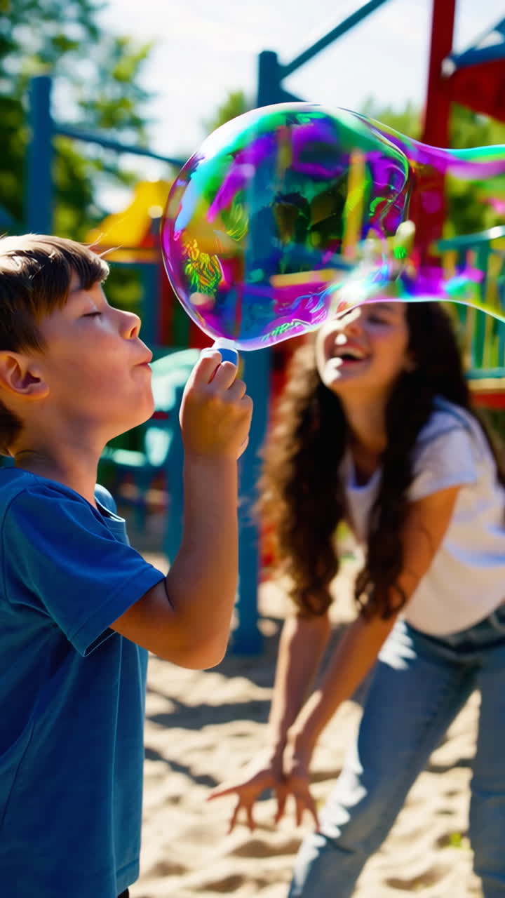 A boy blowing a large iridescent bubble at a sunny playground with a girl watching
