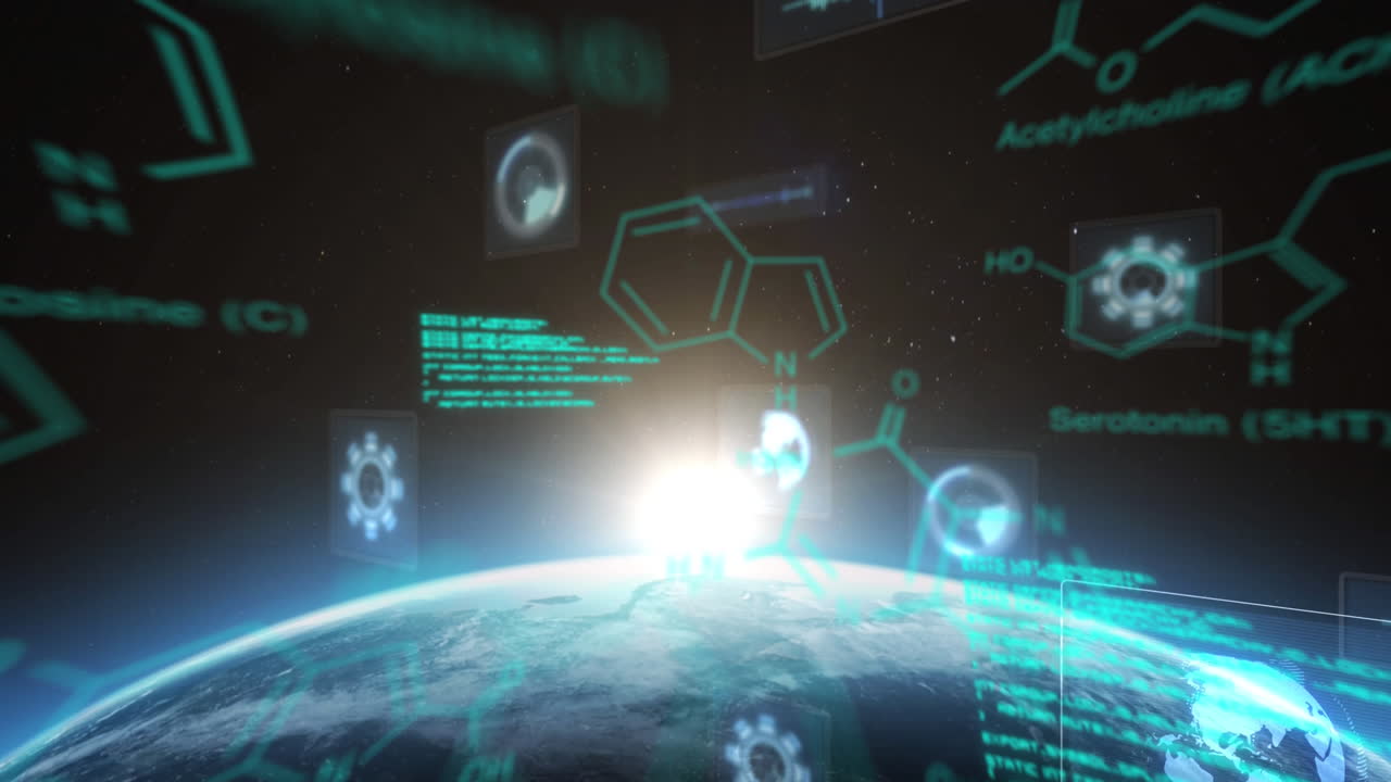 Animation of scientific data processing and scopes scanning on screens over globe and sun