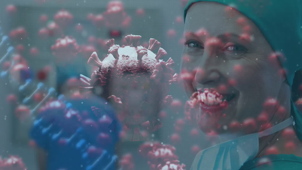 Animation af virusceller og DNA over en glad kaukasisk kvindelig kirurg.