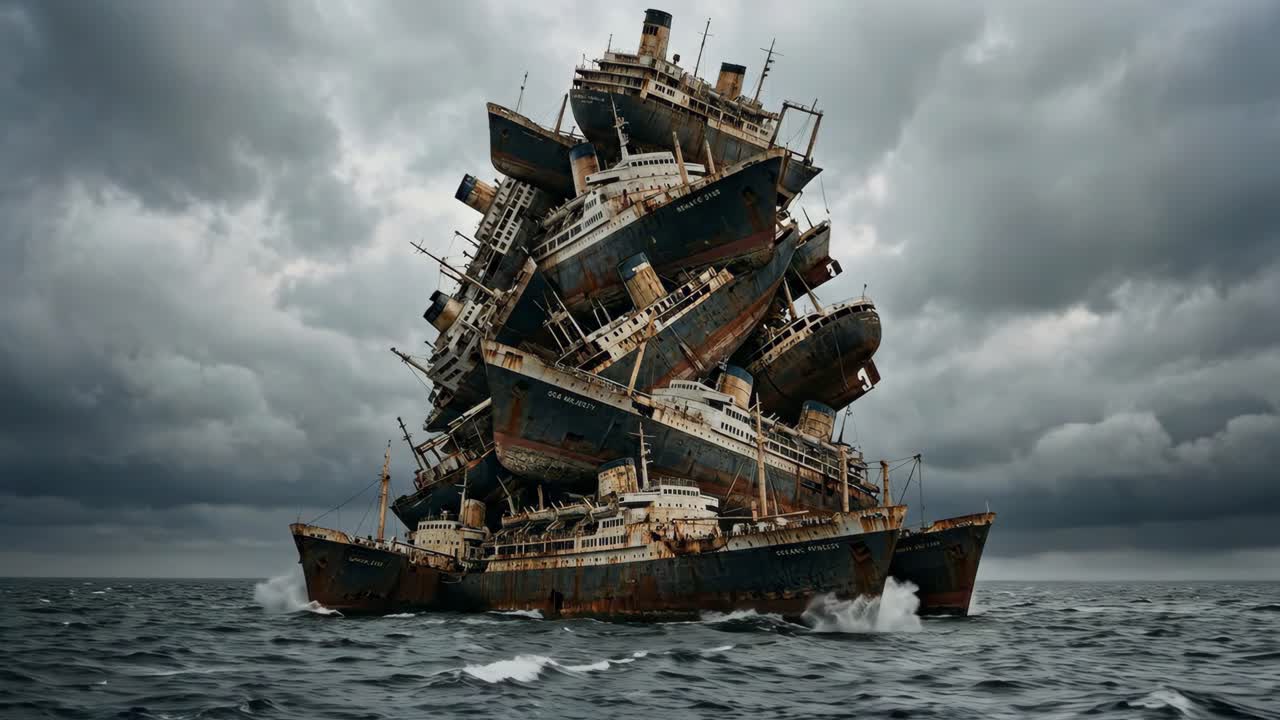 Surrealistisk stabel af rustne skibe flyder i et mørkt hav