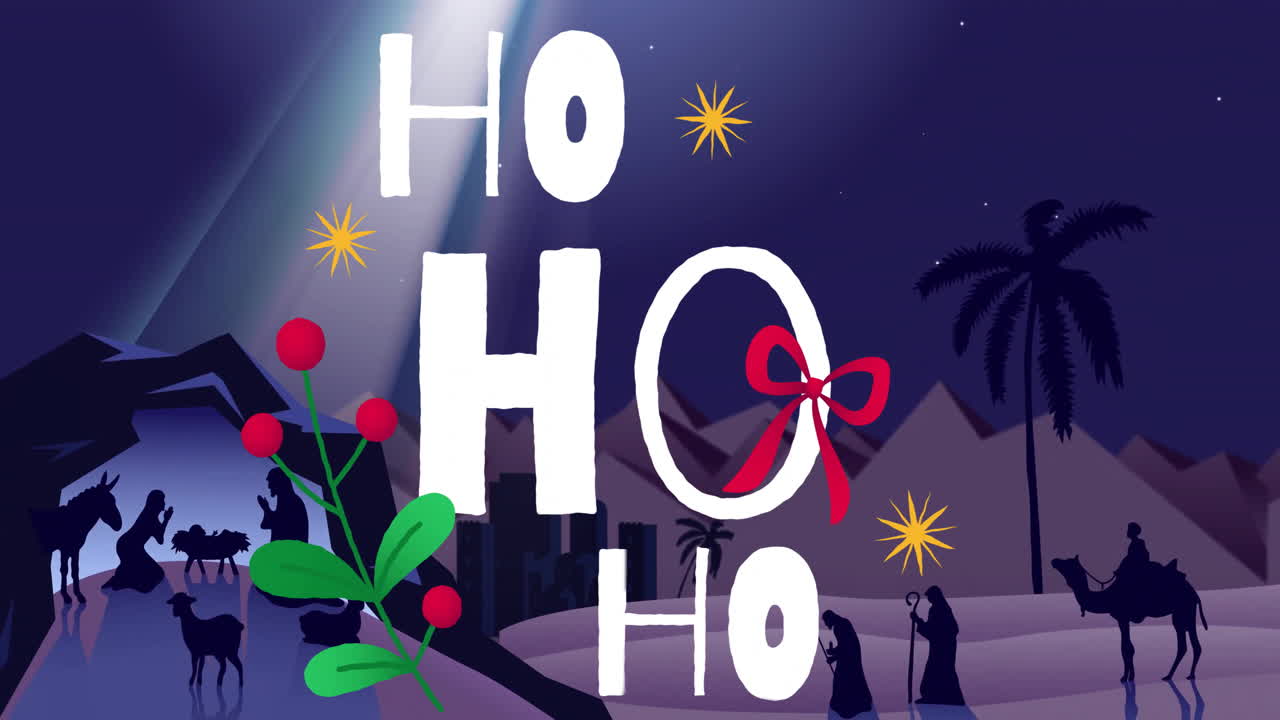 Animation of ho text over silhouette of nativity scene