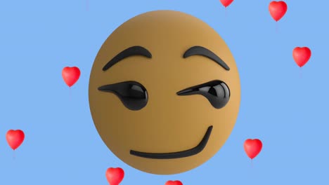 animación del icono de emoji sonriente con iconos de globos de corazón rojo sobre fondo azul