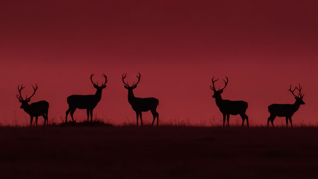 Silhouetted Deer: A Serene Scene Against a Dramatic Red Twilight Sky Captures the Majestic Presence of these Elegant Creatures in Their Natural Habitat