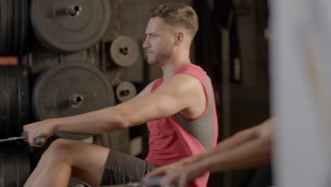 men working out on rowing machines
