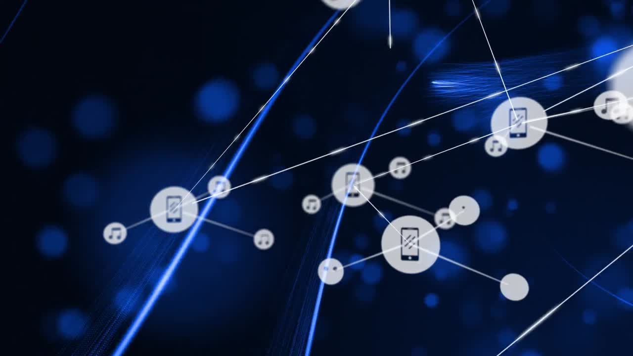 Animation of network of connections of smartphone icons on black and blue background