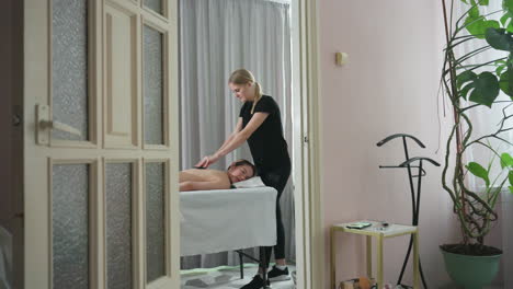 massage therapist massaging client back near gray curtain inside bright spa room, with visible indoor plant and small table in foreground adding natural warmth to serene, wellness-focused atmosphere