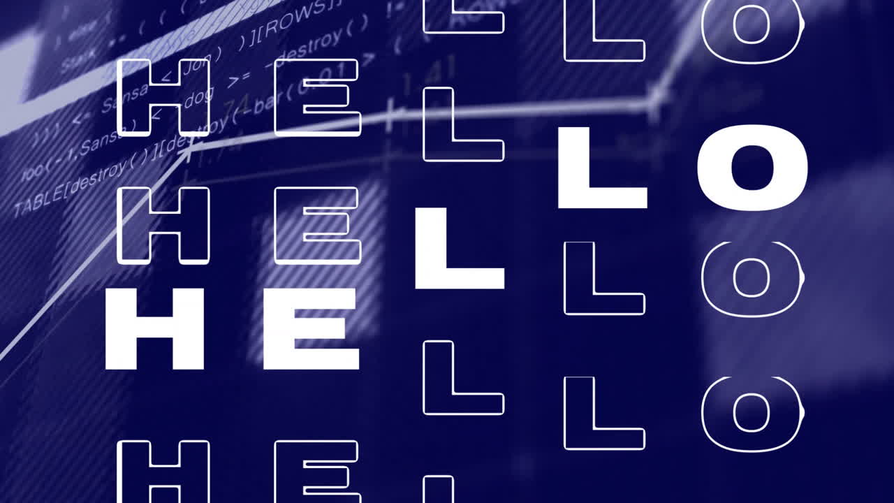 Animation of digital data processing and hello text over purple background