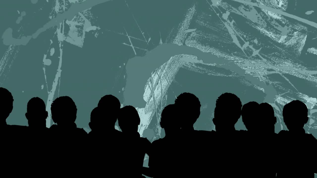 유기적인 페인트 질 위에 있는 군중 실루이 중간 녹색 배경 위에 움직입니다.