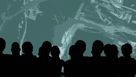 유기적인 페인트 질 위에 있는 군중 실루이 중간 녹색 배경 위에 움직입니다.