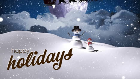animation of happy holidays text and snow falling over snowmen in winter scenery