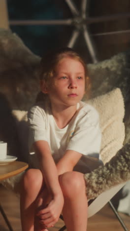 children have drinks together at small table. bored little boy taps on stand sitting near elder sister in furry chairs at home. calm kids tea party