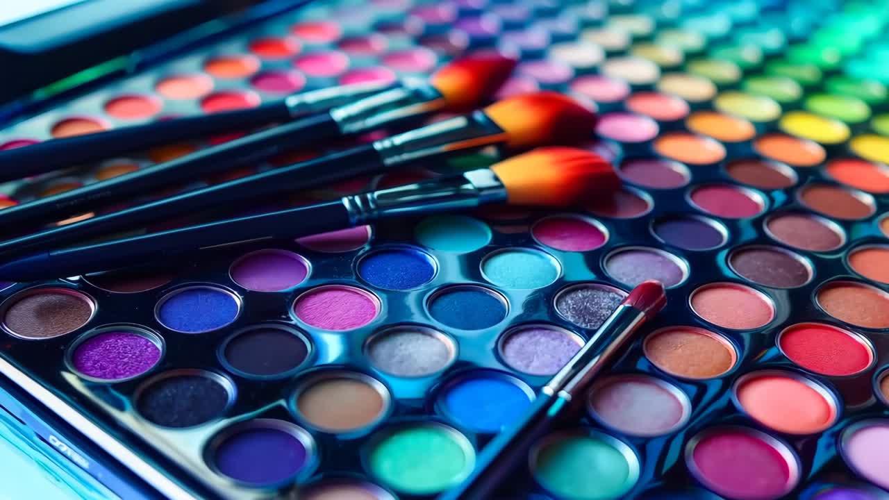 un primer plano de una paleta de pinceles de maquillaje en una mesa