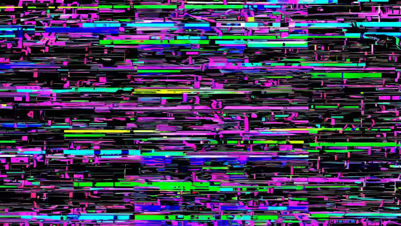 Abstrakt glitch-kunst med levende pink og blå mønstre, fanget fra en frontvendt engel