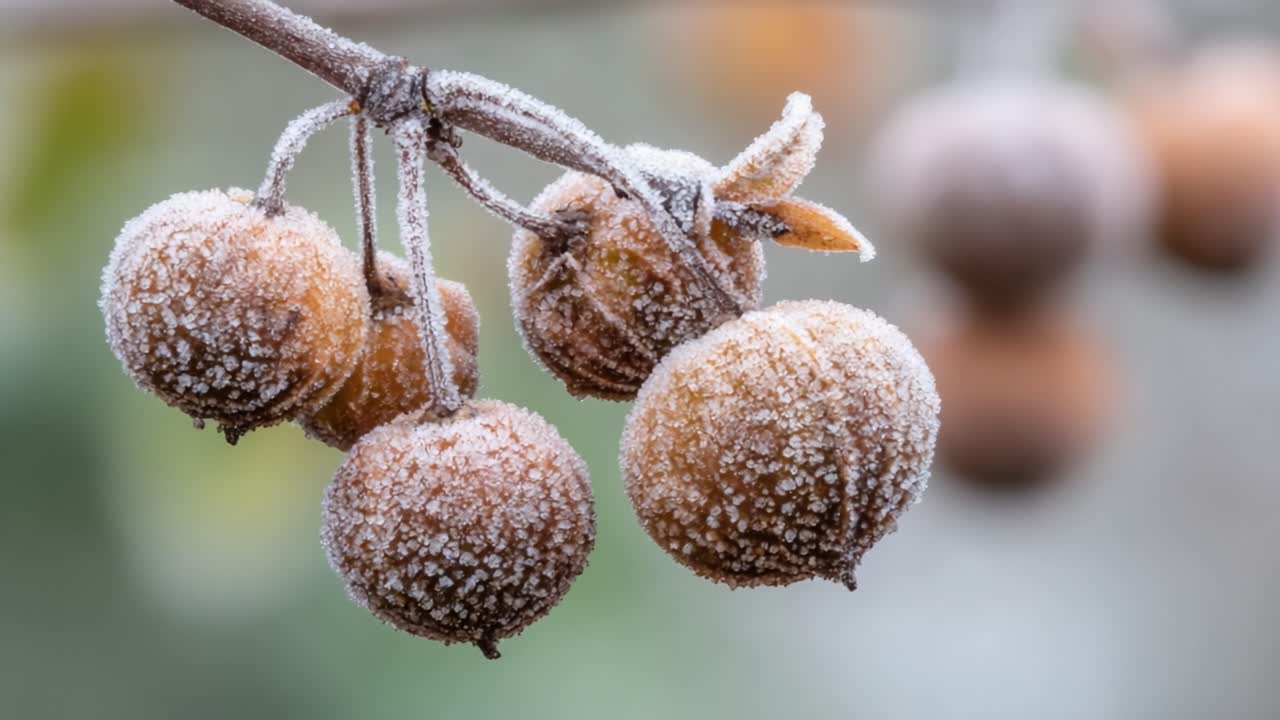 Frost-Covered Fruit: Captivating Close-Up of Chillingly Beautiful Frosted Berries Hanging on a Winter Branch, Showcasing Nature's Icy Touch and Seasonal Stillness