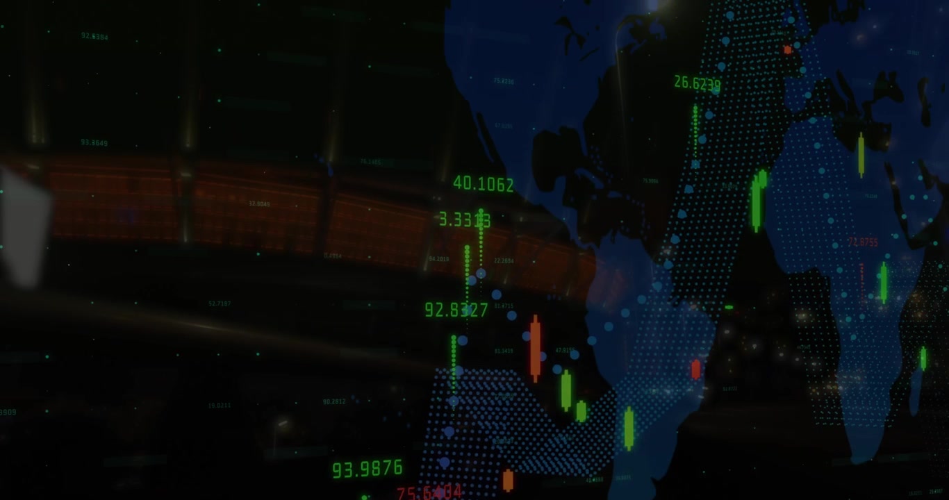 Visualizzazione di dati finanziari che si costruisce dopo l'apparizione di punti magenta, mostrando grafici a candele e tendenze