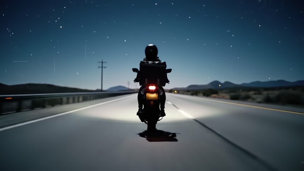 Nighttime Motorcycle Journey: A Solo Rider Navigating an Empty Road Under a Starry Sky with the Motorcycle's Tail Light Illuminating the Path Ahead