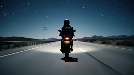 nighttime motorcycle journey: a solo rider navigating an empty road under a starry sky with the motorcycle's tail light illuminating the path ahead