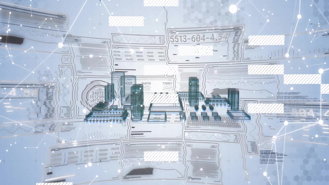 Floating cluster rising from blueprint nodes, data pulses initiating HUD guiding assembly into chip