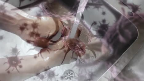 매크로 코로나바이러스 코로나19 세포가 퍼지는 애니메이션 사람이 싱크대에서 손을  ⁇ 고 있다