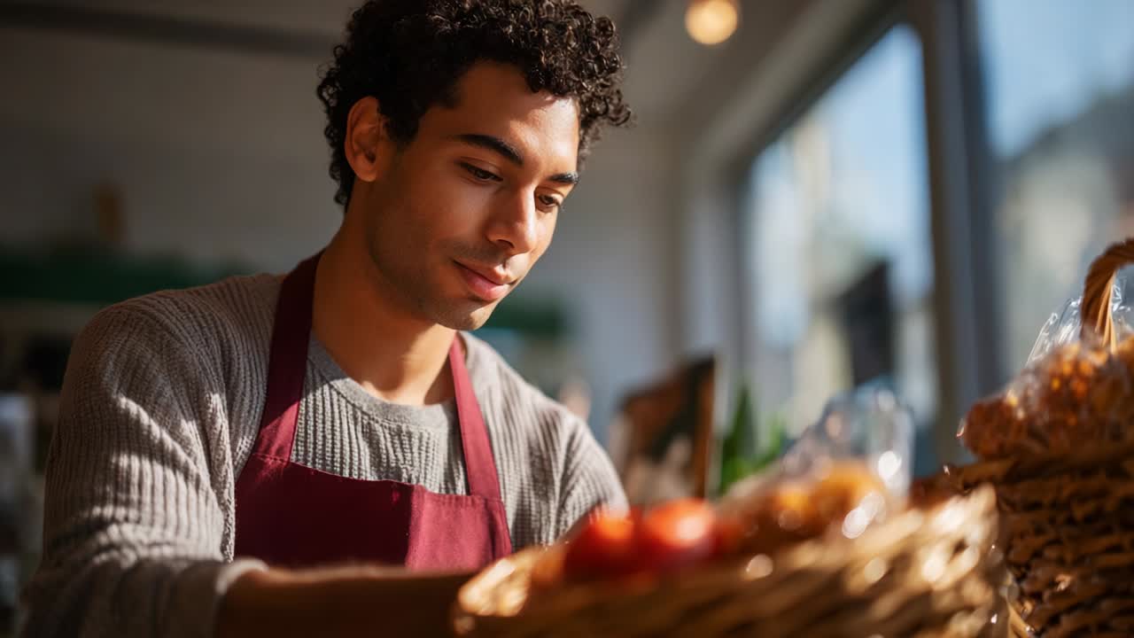 A dedicated individual in a cozy environment, focused on his work while preparing fresh produce and baked goods in a warm, inviting space that radiates a sense of community and passion for quality