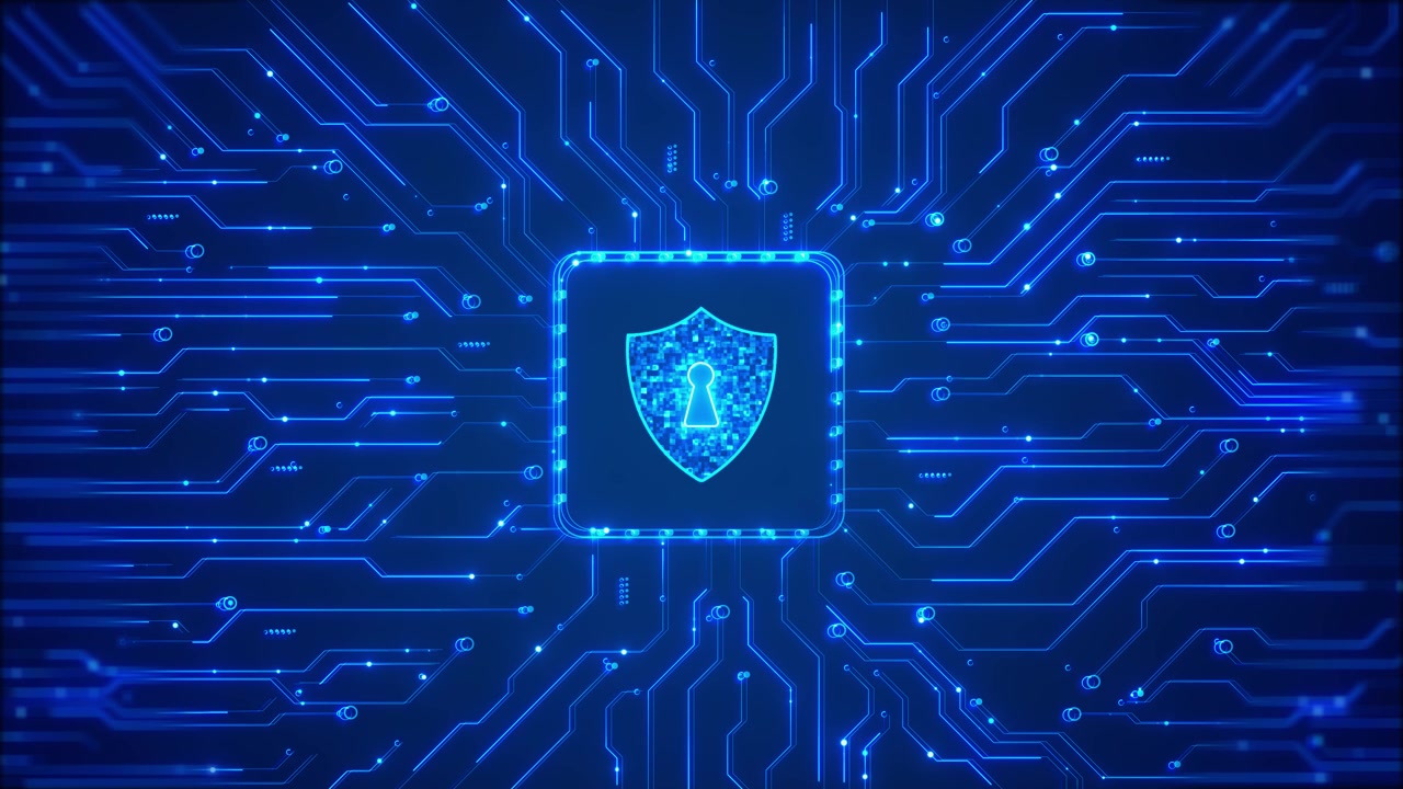 Secure processor lock interface visual with cyan shield symbol glowing circuit paths and futuristic