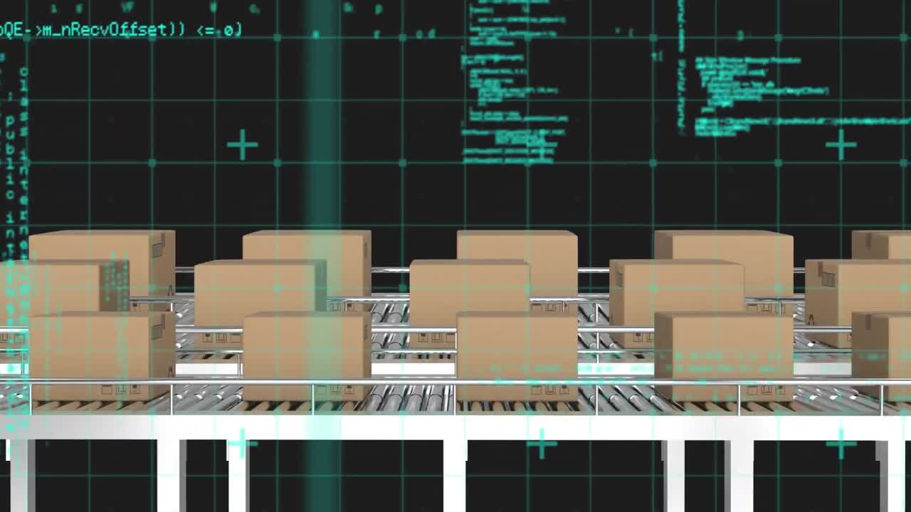 컨베이어 벨트에 있는 여러 배달 상자에 대한 그리드 네트워크를 통한 데이터 처리