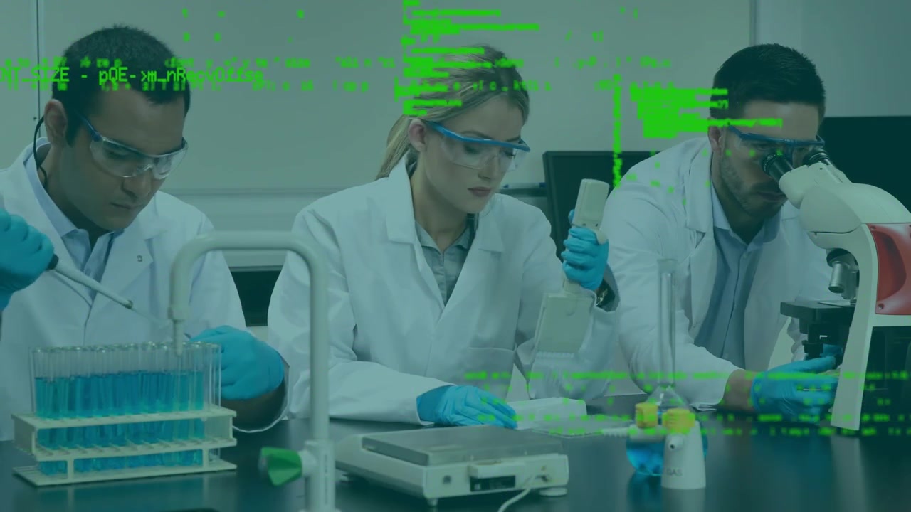 Diverse scientists discuss data processing in lab animation for medical research.