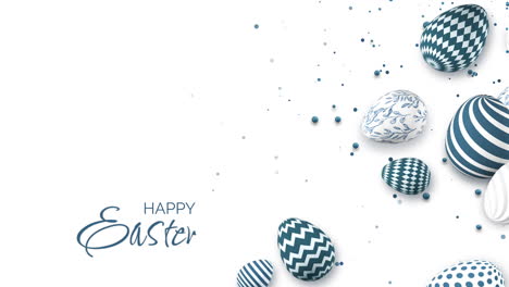 group of easter 3d eggs painted with blue patterns. white background with space for text. looped holiday spring animation. happy easter.