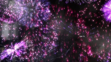 animation of exploded pink and red fireworks in night sky