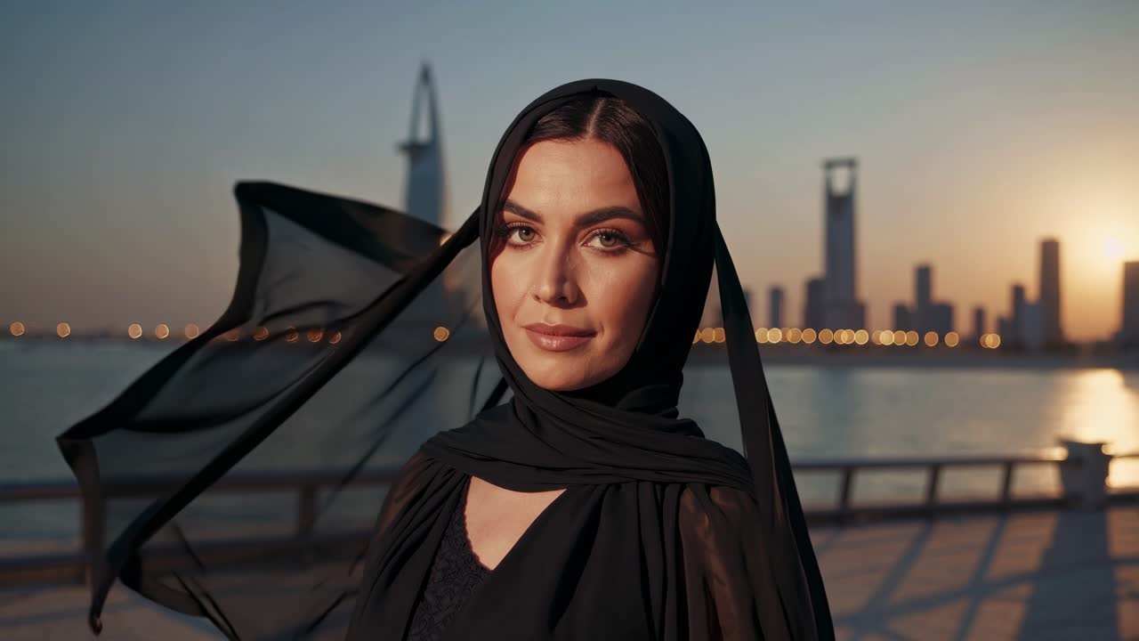 Elegant Saudi woman wearing a traditional black abaya is posing with confidence and grace against the backdrop of a stunning sunset over the cityscape of Jeddah, Saudi Arabia