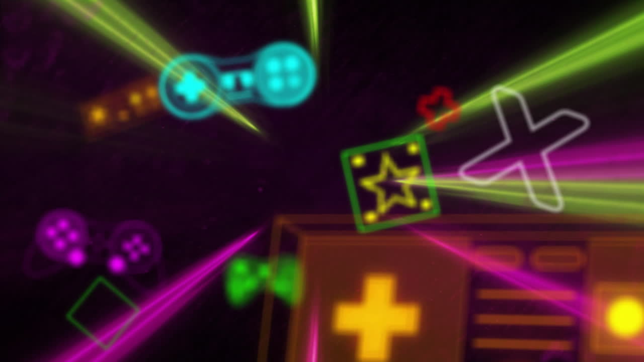 검은 바탕에 네온 비디오 게임 아이콘의 애니메이션