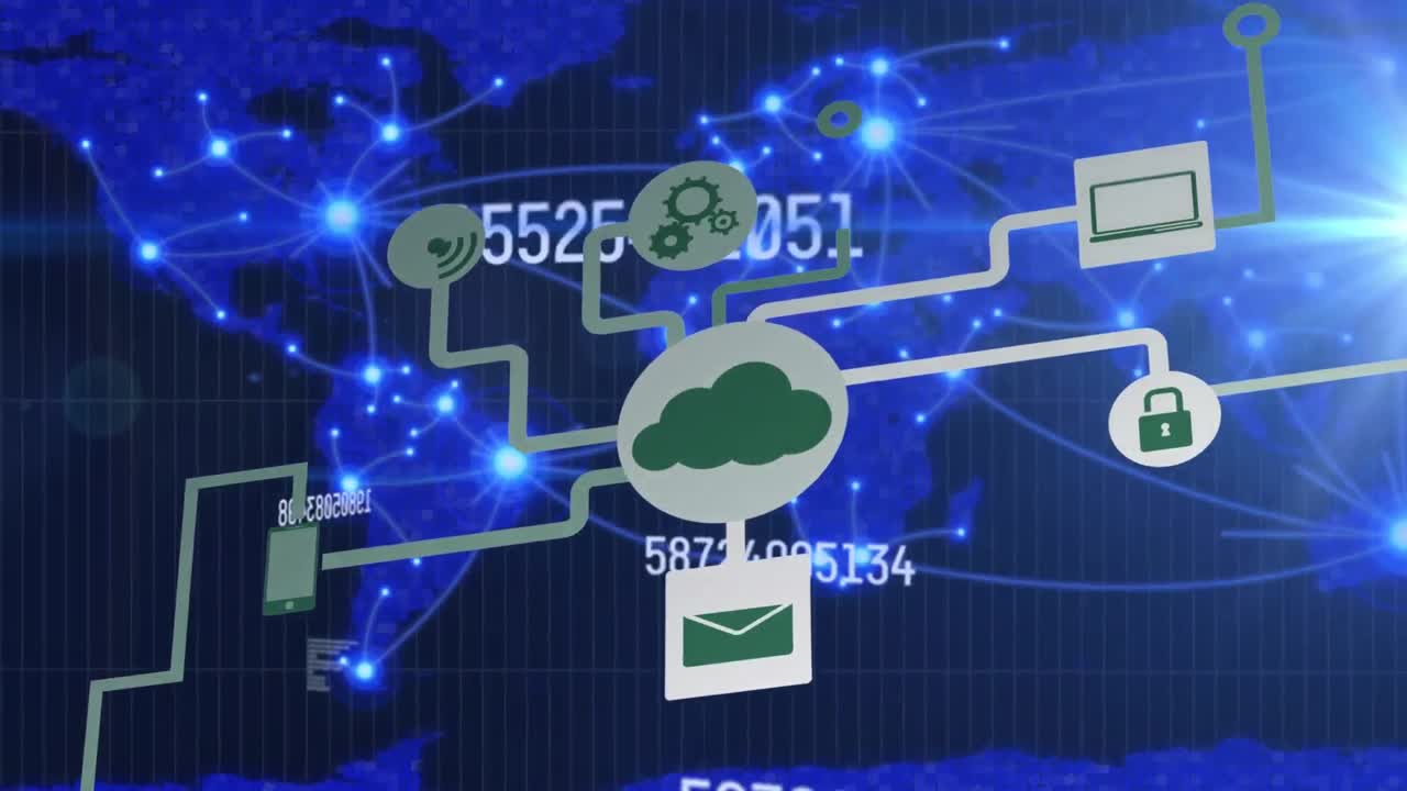 연결 및 데이터 처리의 네트워크와 함께 세계 지도의 애니메이션