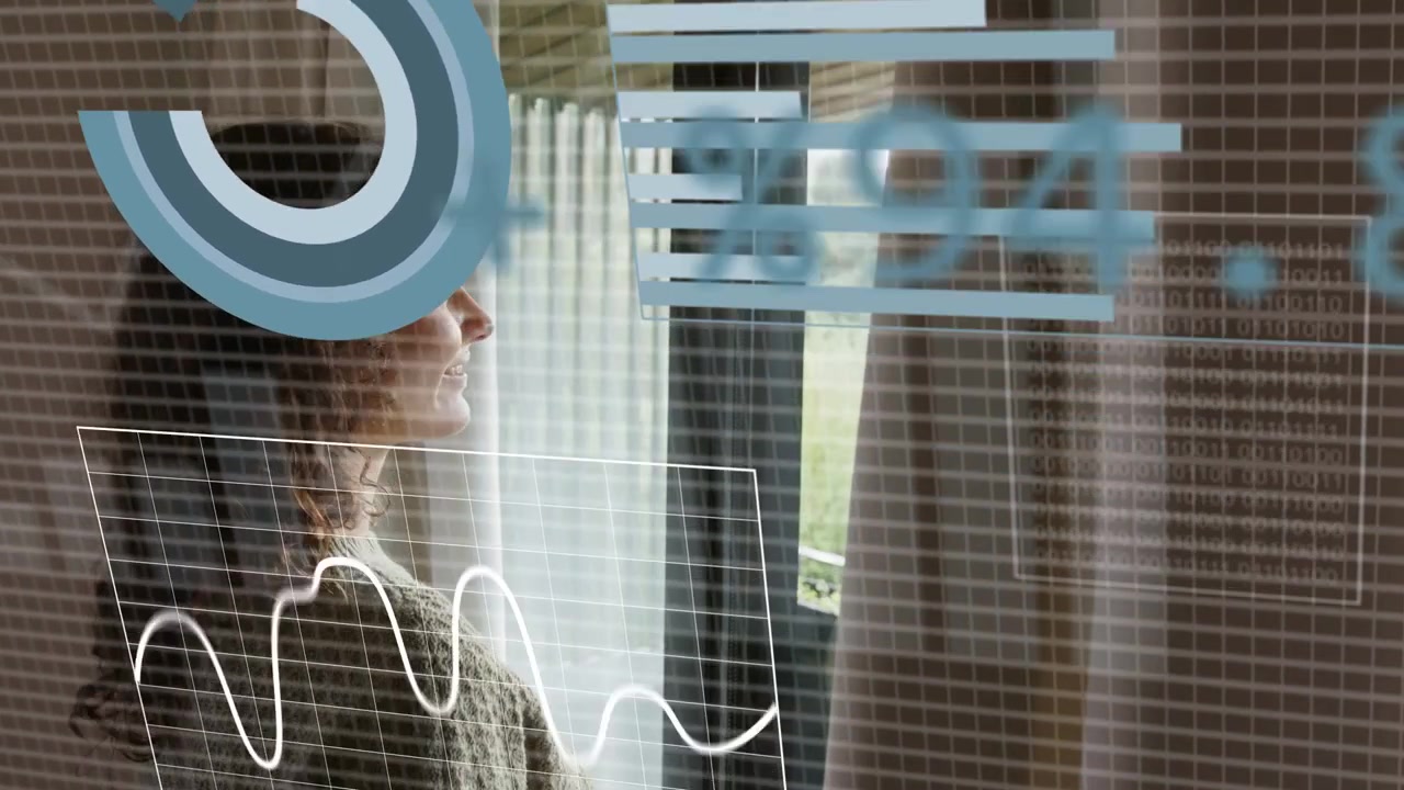 Woman standing by window reaching hand into AR interface, rotating pie chart and updating analytics