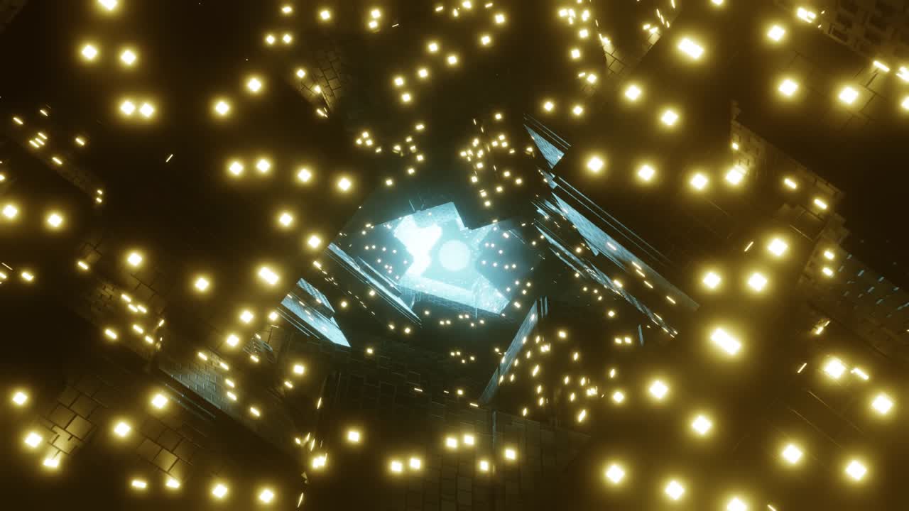 tecnología cubos metálicos con luces brillantes en túnel digital. renderización de animación 3d, bucle infinito