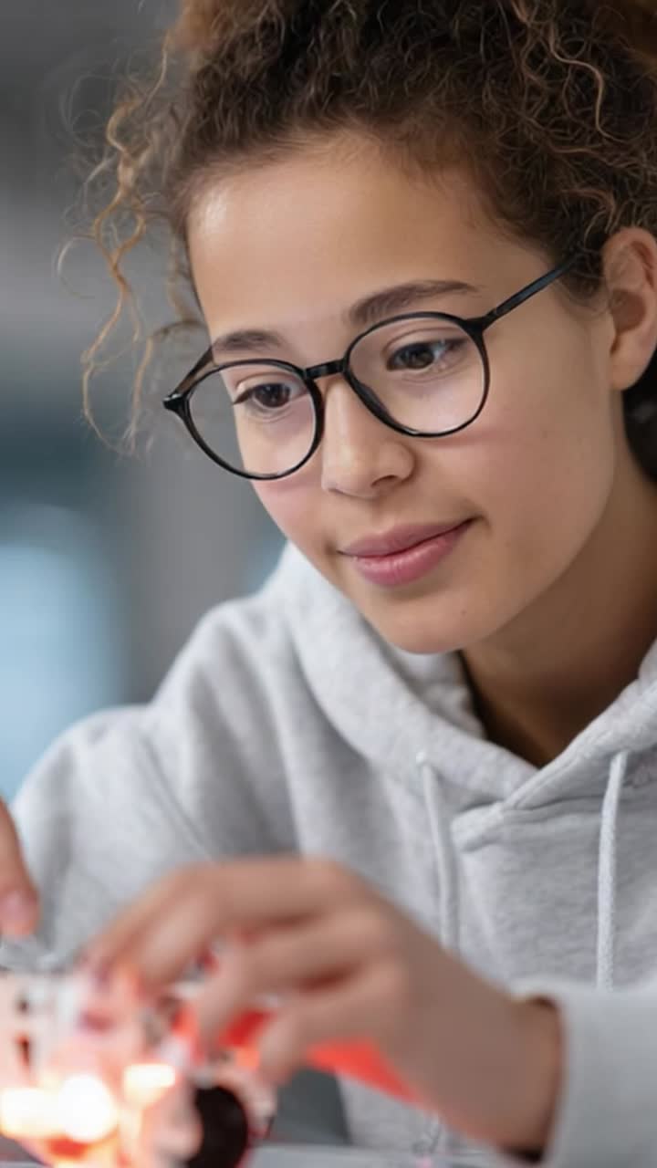 Young woman with glasses intently works on a project, showcasing concentration and creativity while engaging with technology and hands-on learning in a modern environment