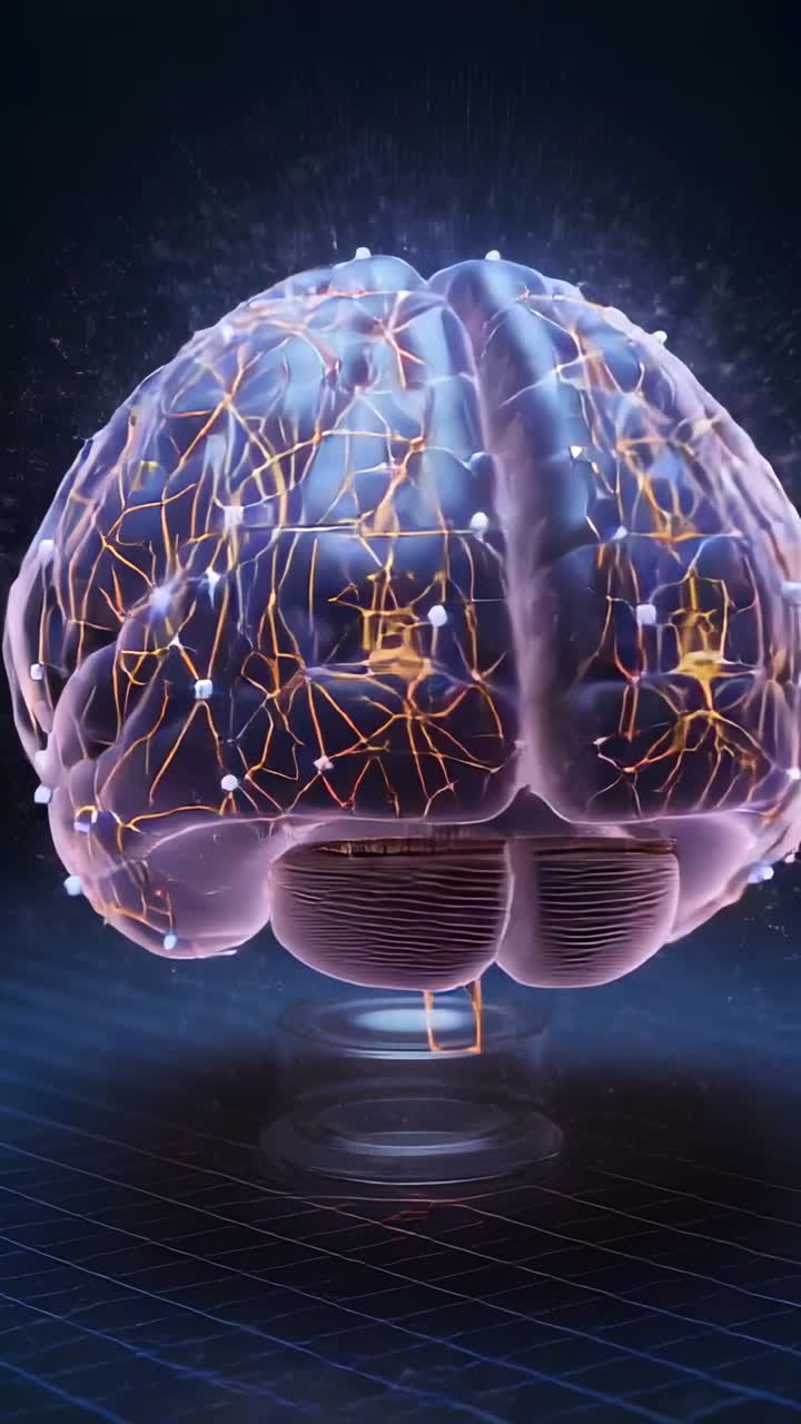 Vertical video: Rotating 3D brain pulsing along gold threads on ring platform in simulation on play