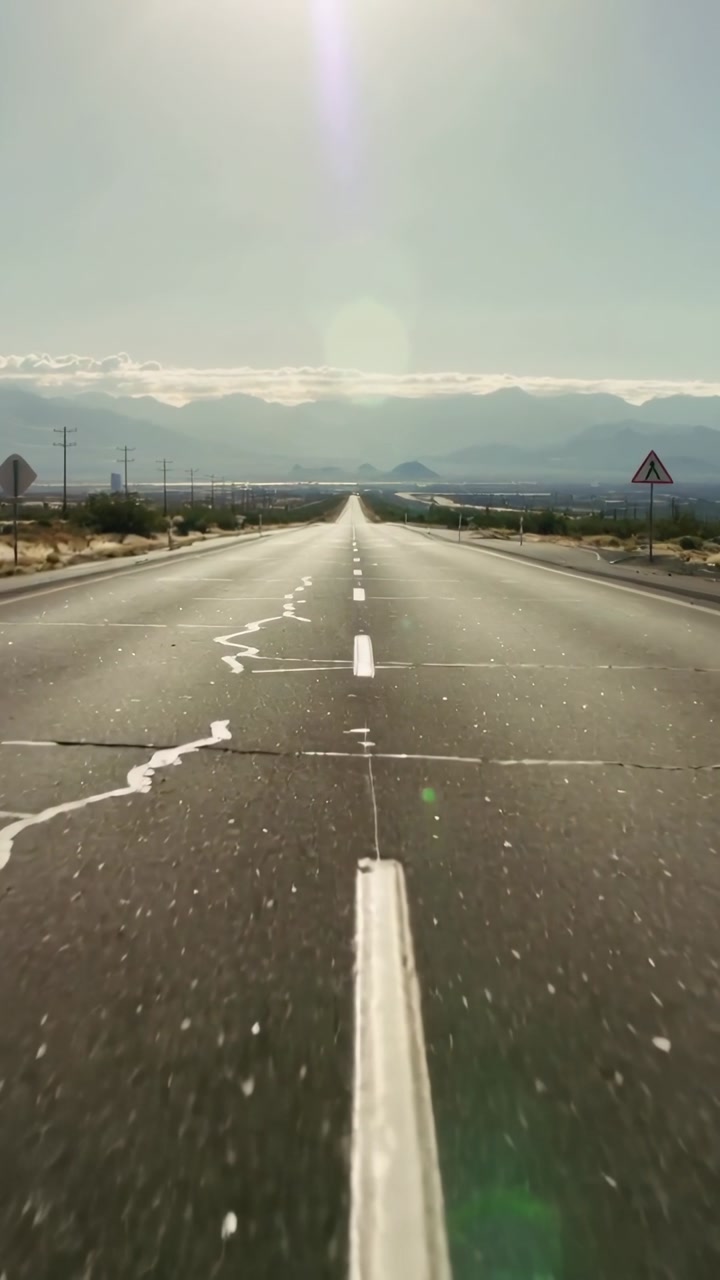 Vertical video: Car starting camera moving along rural road centerline showing cracks and poles
