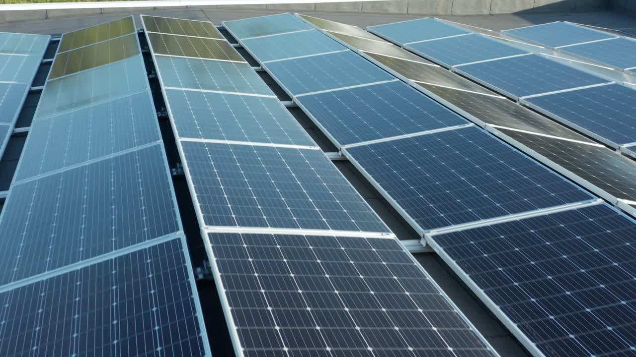 Close up aerial view of mounted solar panel array, modern photovoltaic energy modules system
