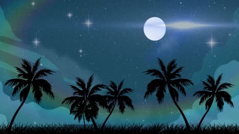 animación de cassette sobre palmeras, estrellas y luna en el cielo