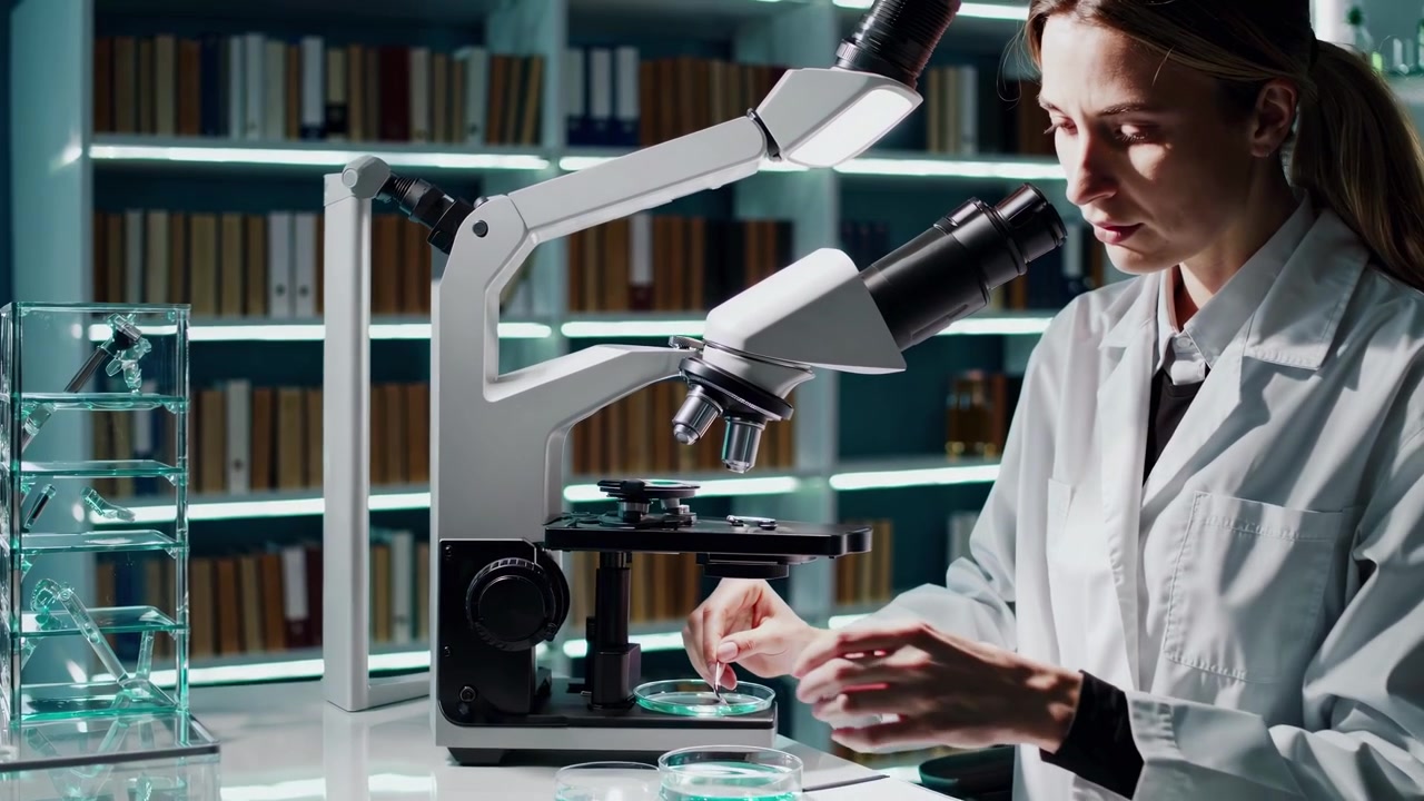 Scienziata che esamina un campione al microscopio in laboratorio