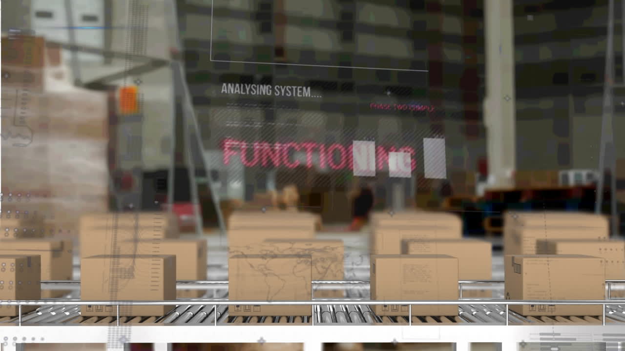 상자를 가진 컨베이어 벨트 위에서 통계 처리의 애니메이션