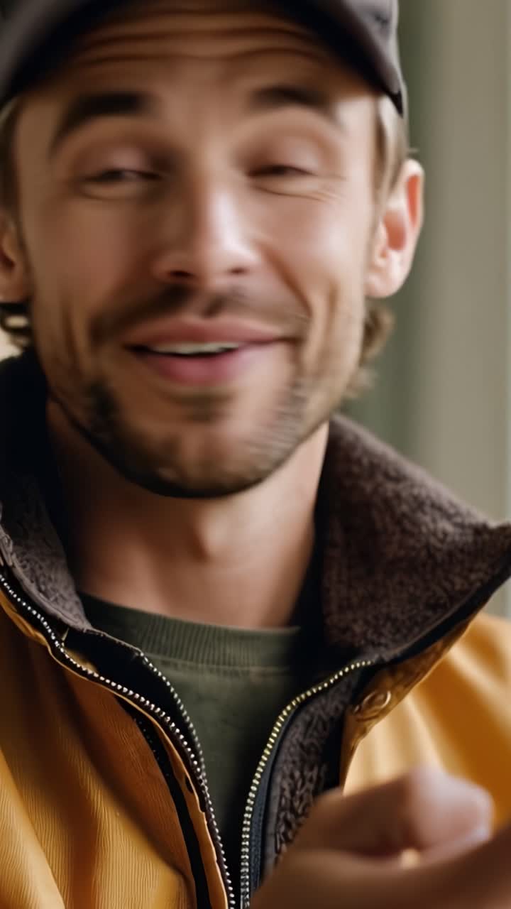 A smiling man with a beard and cap enjoys using his smartphone, showcasing moments of engagement and joy in a cozy indoor setting, radiating positivity