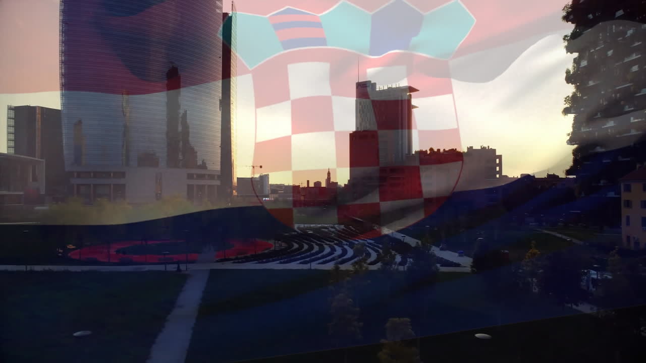 Croatian flag animation over cityscape with modern buildings and park