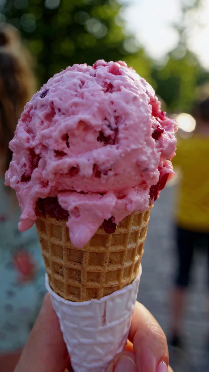 Close-up angle of a hand holding a pink ice cream cone outdoors, capturing a vibrant, summery feel