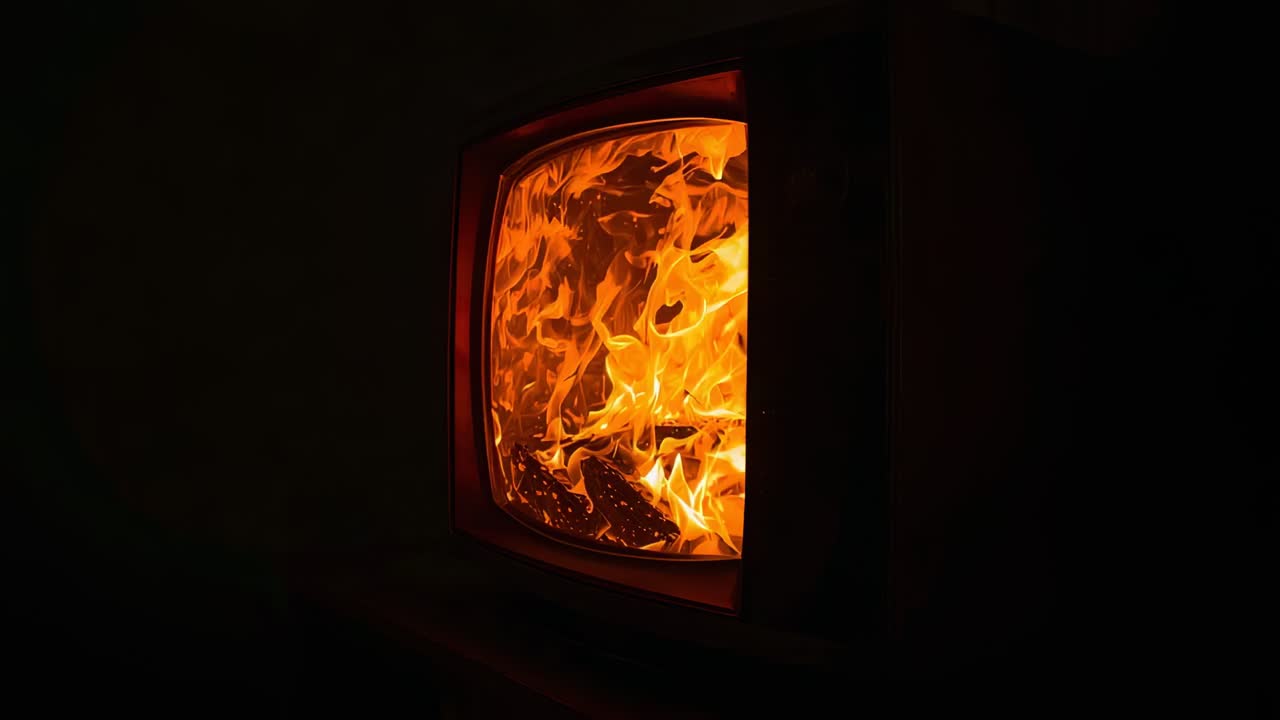 Glowing embers fueling boxy heating unit producing shifting flames in dark room, warming with logs