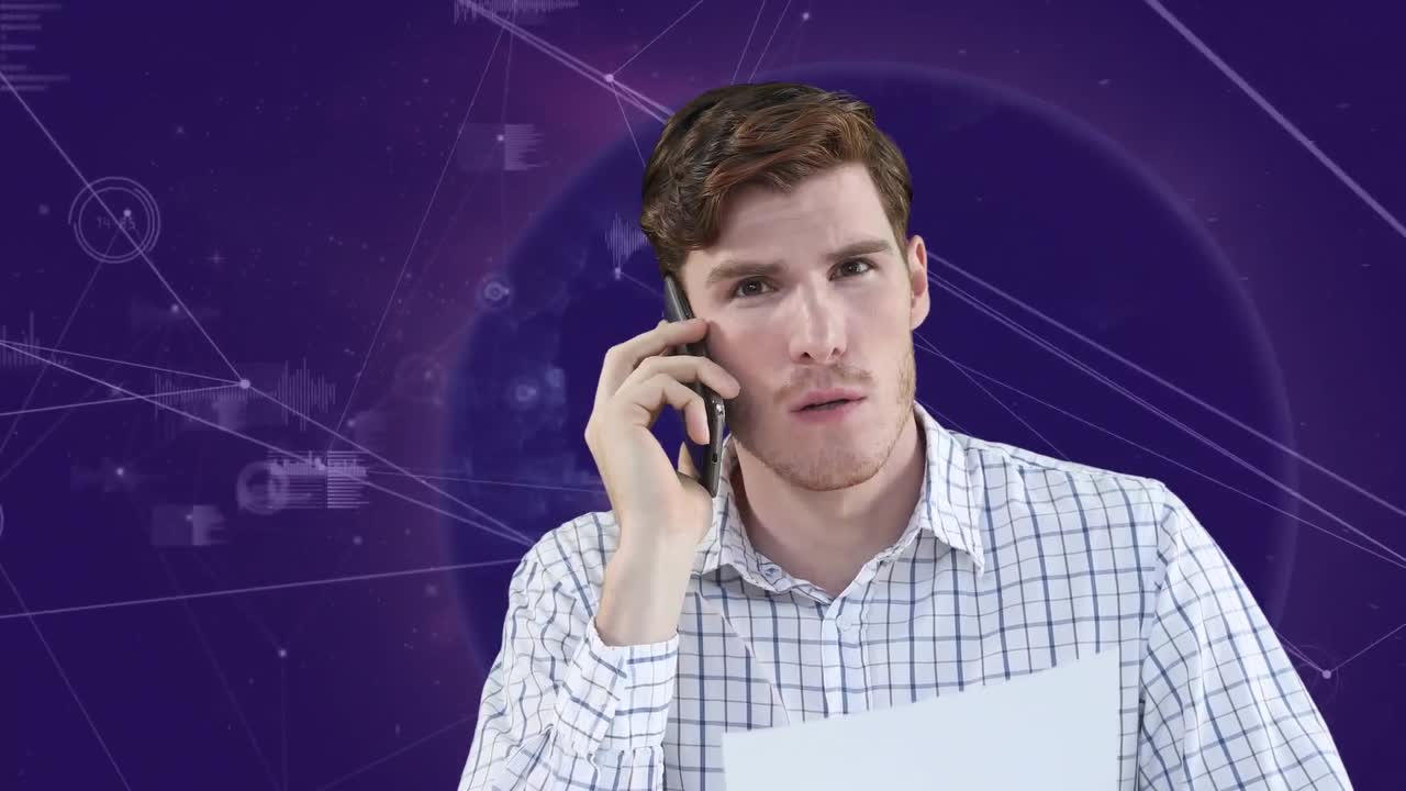 Animation of man using phone over statistics and network of connections